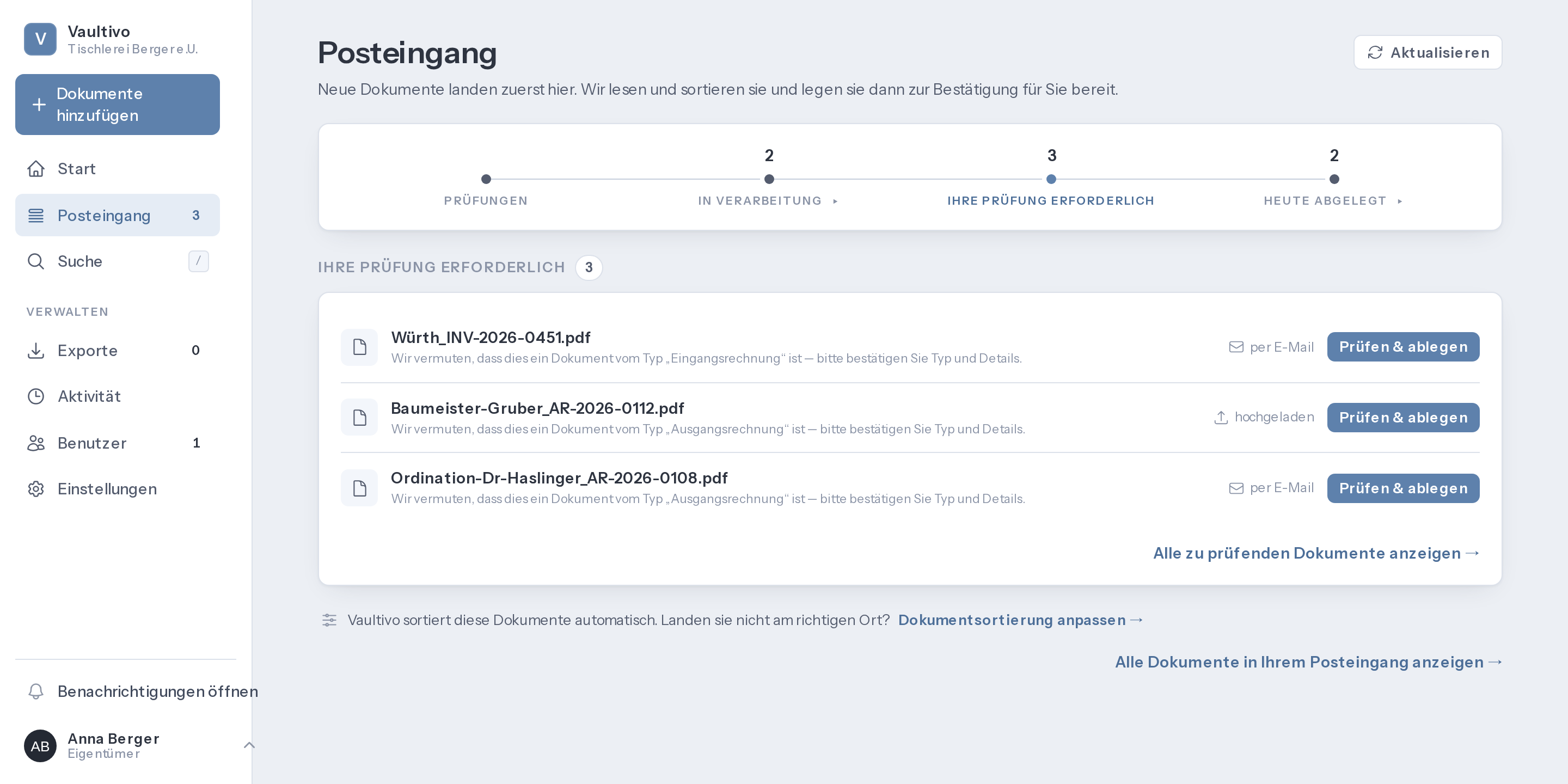 Der Posteingang von Vaultivo: oben die Leiste mit vier Stationen und ihren Zahlen, darunter drei Dokumente, die auf Ihre Prüfung warten.