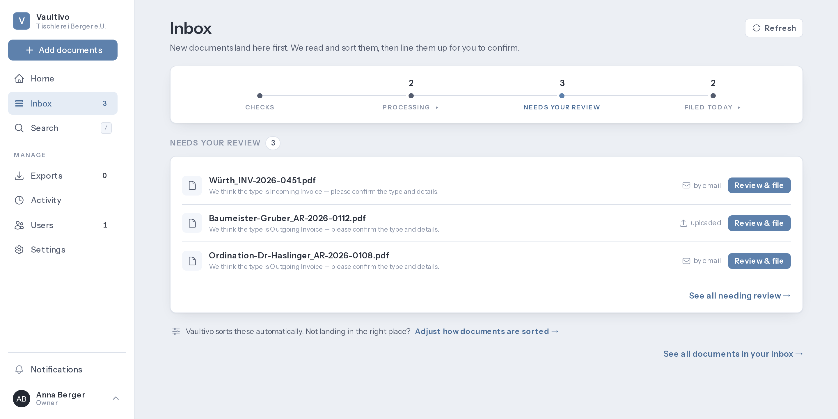 The Vaultivo inbox: the strip of four stations with their counts along the top, and below it three documents waiting for your review.